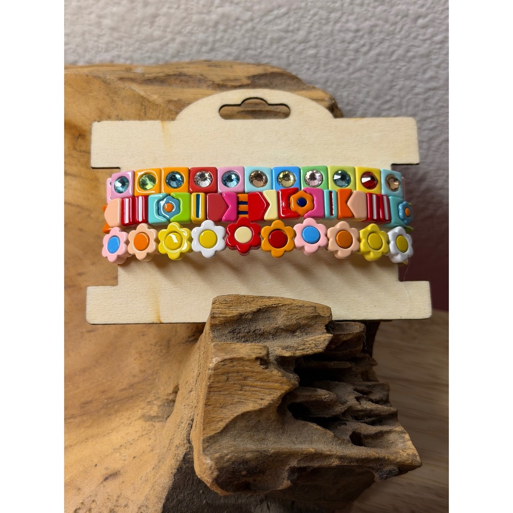 Multicolor Enamel Stretch Bracelet Set 3PC Crystal Daisy Geometric Kidcore Retro